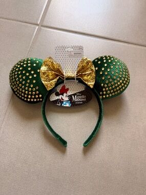 Disney Green Velvet Minnie Ears with Gold Sequin Bow